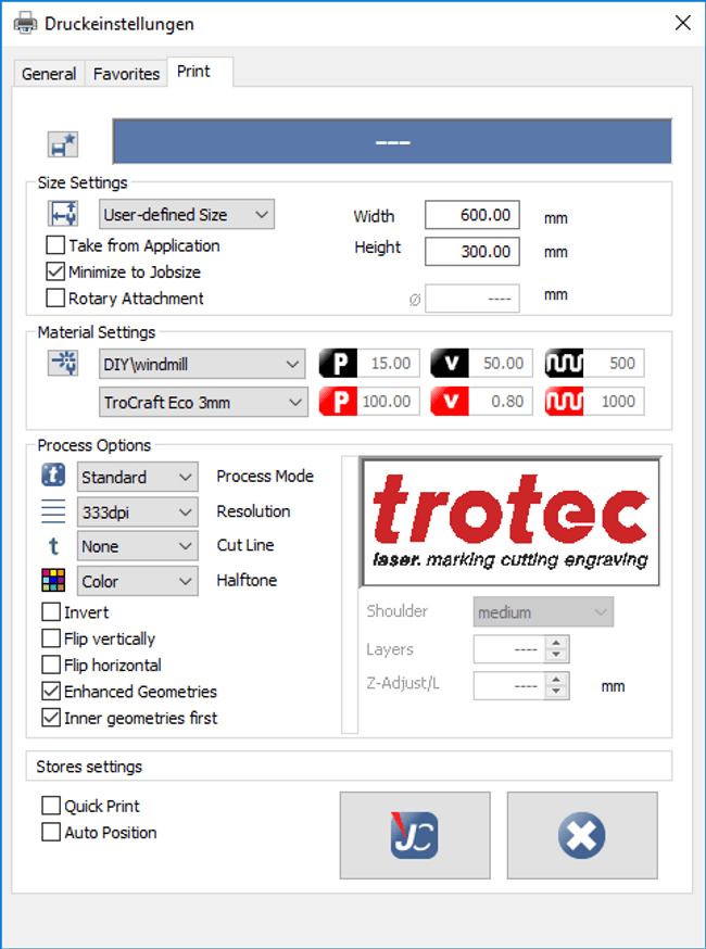 Paramètres d'impression Trotec pour TroCraft 3 mm