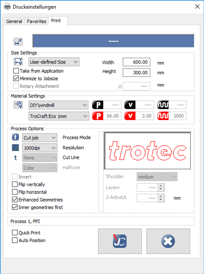 Paramètres d'impression Trotec pour TroCraft 1 mm