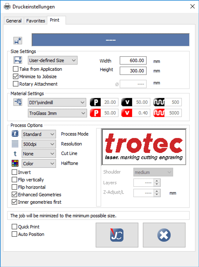 Paramètres d'impression Trotec pour TroCraft 1 mm
