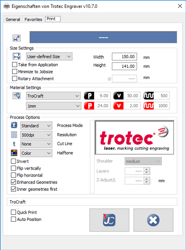 Trotec print settings: TroCraft Eco