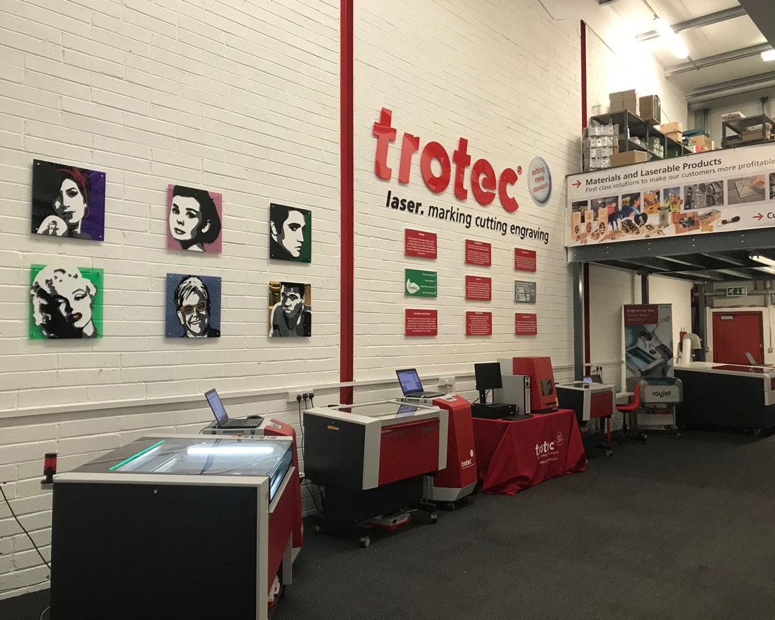 Trotec laser showroom featuring Speedy series and Rayjet laser engraving machines