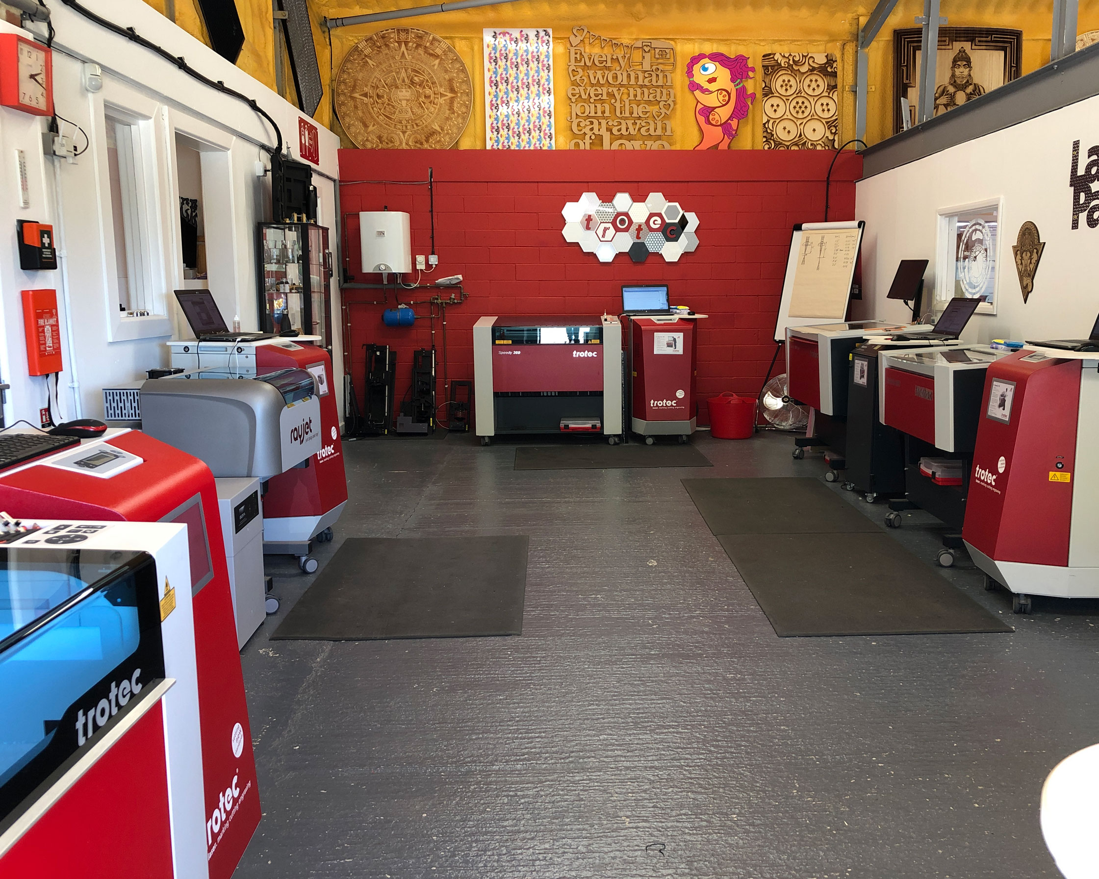 Trotec laser cutter workshop featuring Speedy series and Rayjet engraving machines