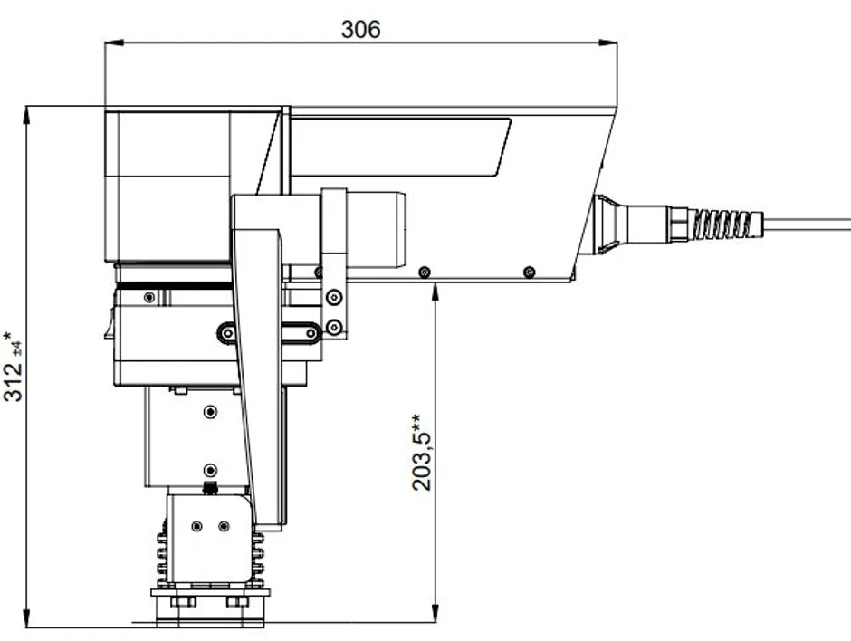 Side view technical drawing of Trotec SpeedMarker laser marking head with dimensions