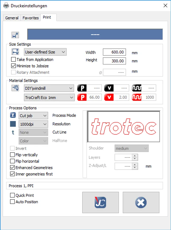 Trotec Druckereinstellungen TroCraft 1mm