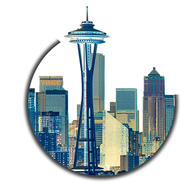 Laserskåret Seattle-skyline med Space Needle lavet med Trotec CO₂-laserskærer