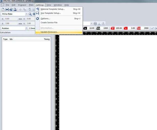 Menu des paramètres du logiciel JobControl® de Trotec montrant l'option de mise à jour du micrologiciel pour la configuration de la machine de découpe laser.