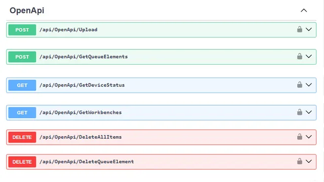 Interface OpenAPI du logiciel Ruby® de Trotec montrant les points finaux de téléchargement, d'état et de gestion des files d'attente.