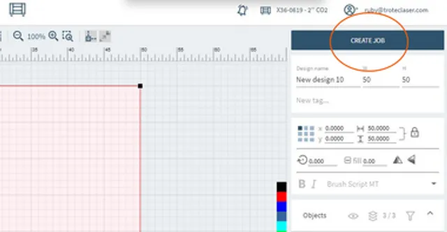 Trotec Ruby software interface showing job creation for CO₂ laser engraving