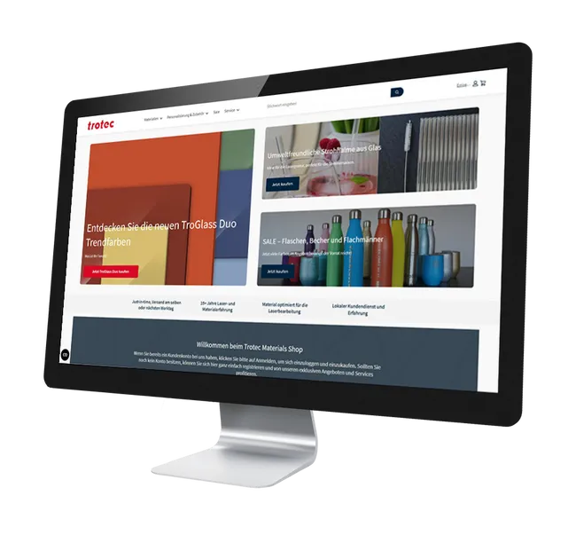 Trotec Materials Shop op het scherm met TroGlass en lasersnijaccessoires