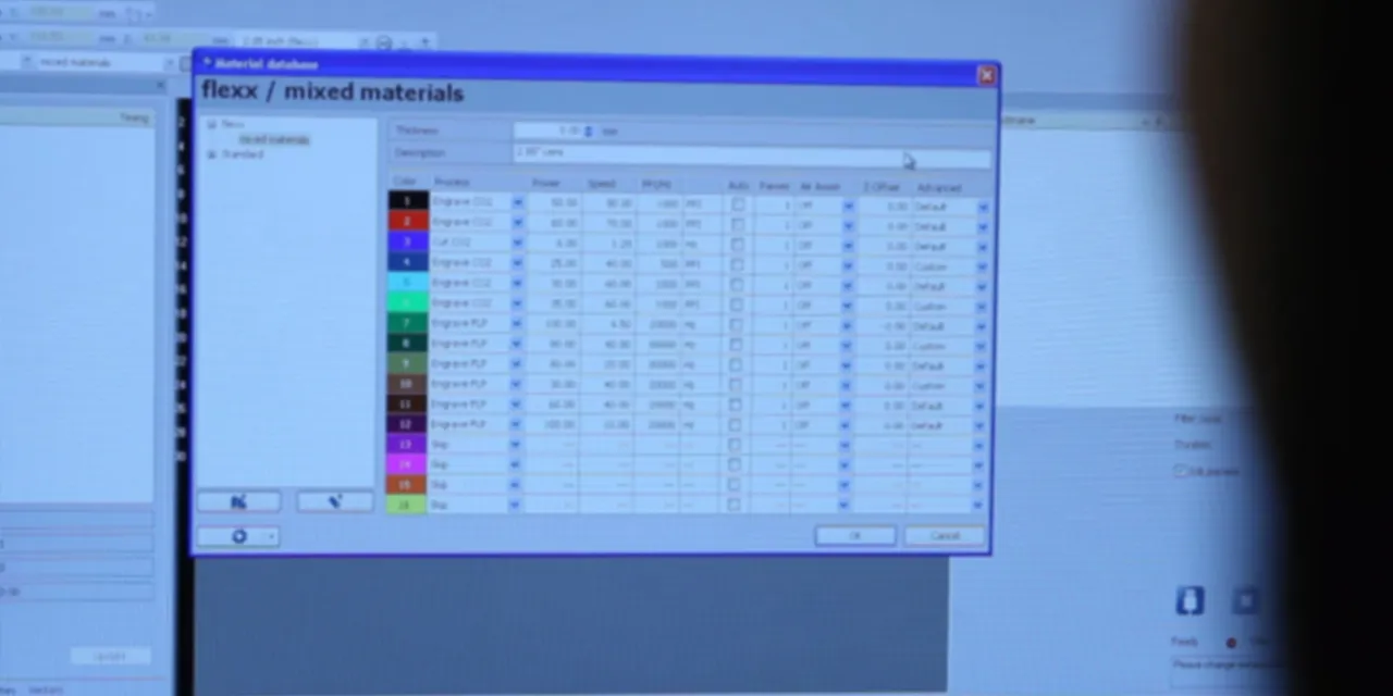 Trotec Ruby software materiaaldatabase met flexx laserinstellingen voor gemengde materialen