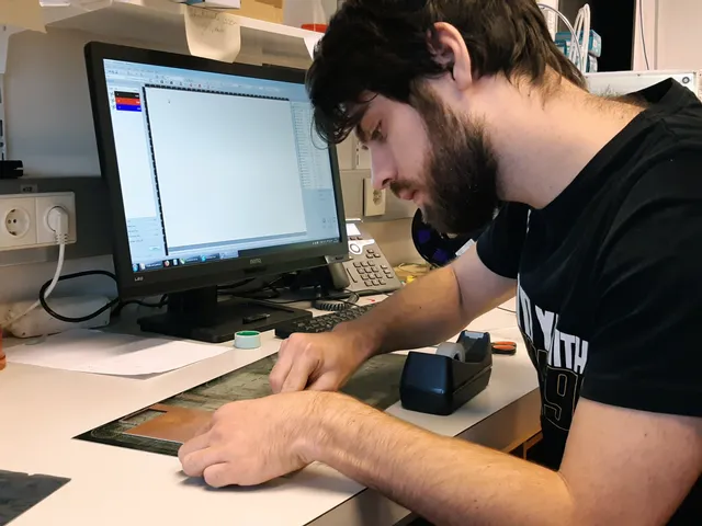 Operario preparando material de grabado junto a la interfaz del software Trotec Ruby en un monitor de sobremesa