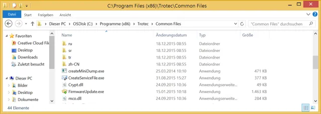 Direktori file Windows yang menunjukkan file perangkat lunak Trotec dalam folder Common Files untuk sistem pengukiran laser