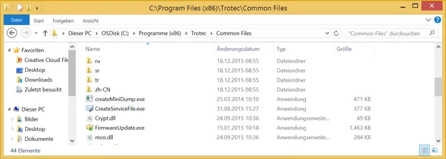 Windows bestandsmap met Trotec softwarebestanden in Common Files map voor lasergraveersystemen