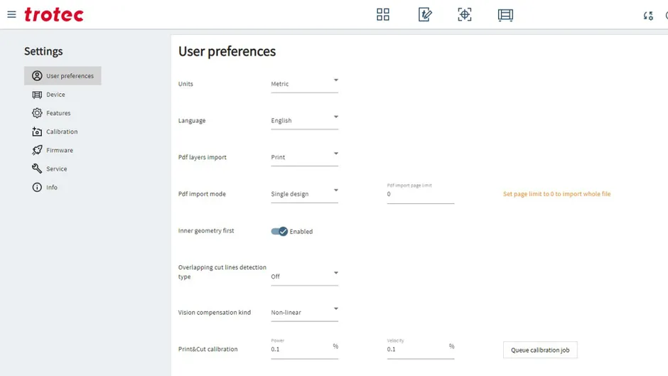 レーザーカッター設定のためのトロテック・Ruby®ソフトウェアのユーザー設定メニュー