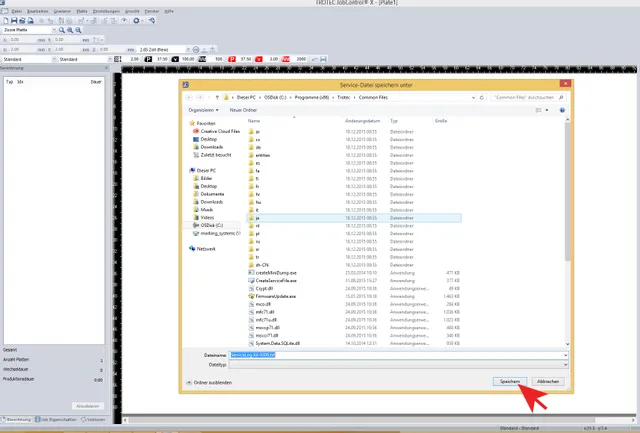 Saving service log file in Trotec JobControl® X laser software interface