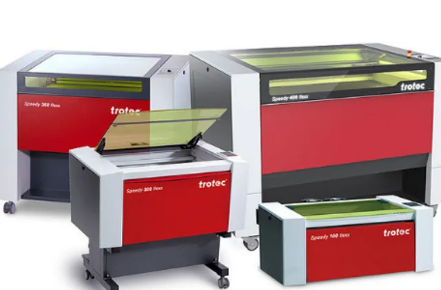 Trotec Speedy series CO₂ laser engraving machines including Speedy 100, 300, 360, and 400 flexx models