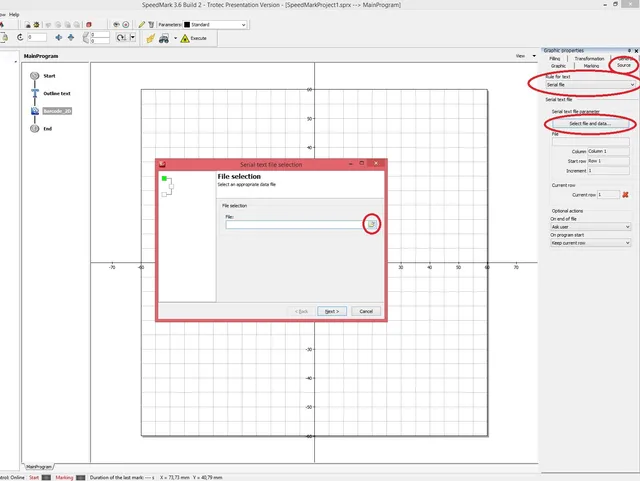 Le logiciel SpeedMark® de Trotec sélectionne un fichier texte sériel pour un projet de marquage laser