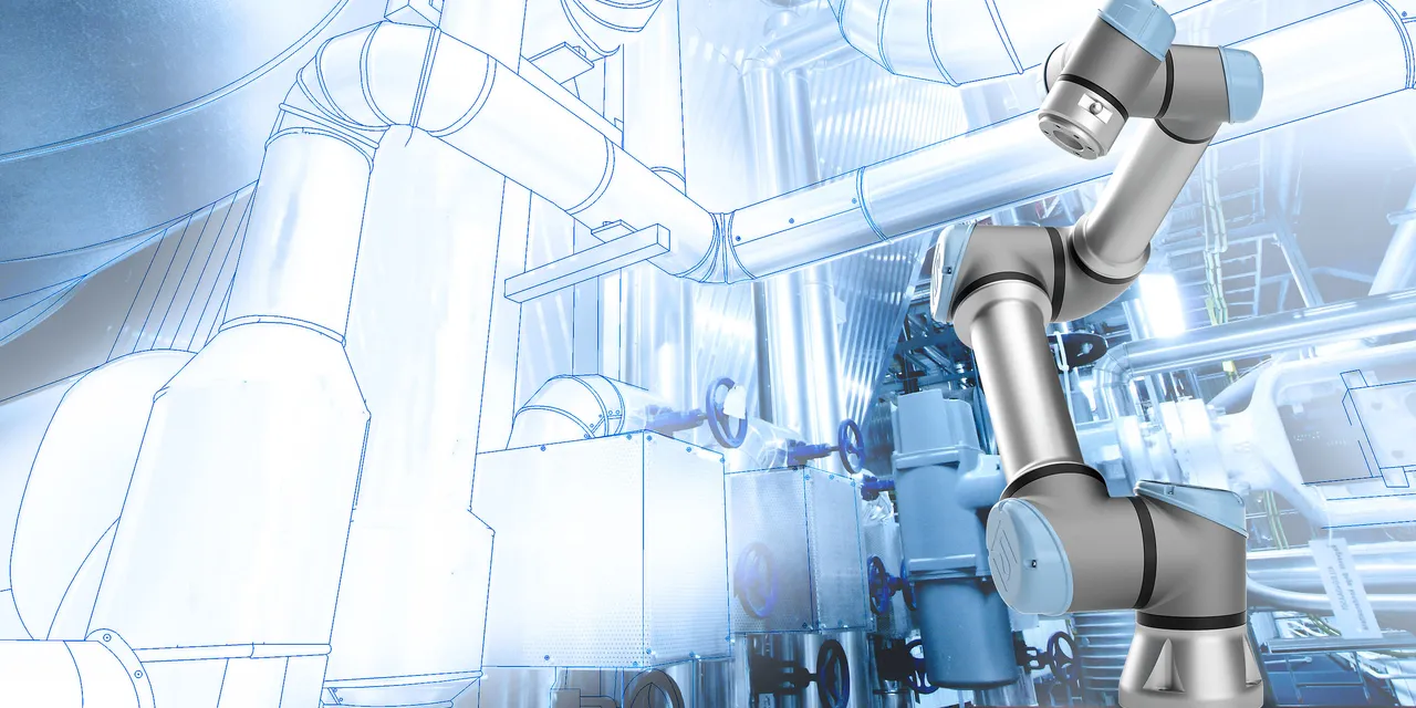 Kollaborativer Roboterarm in einer High-Tech-Industrieanlage mit skizzierter Verrohrung und Geräteanordnung