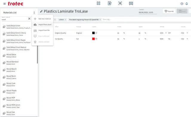 Trotec Ruby-programvaran visar inställningar för trämaterial för CO₂-lasergravyr och -skärning