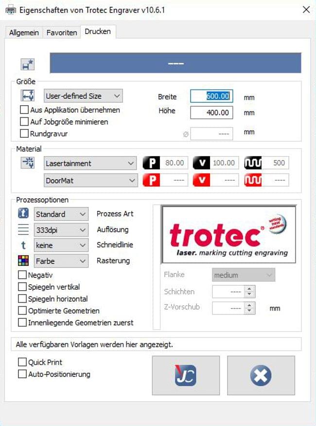 Trotec Druckereinstellungen Fussmatte