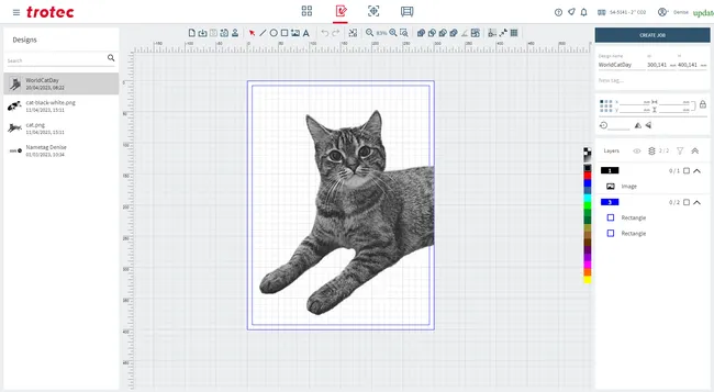 Trotec Ruby software design interface with photo of a cat prepared for laser engraving