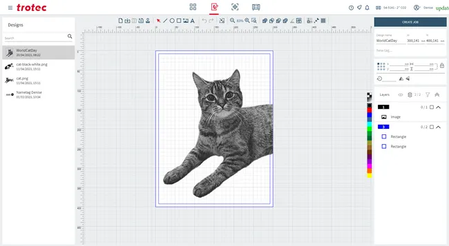 Trotec Ruby Software Design-Schnittstelle mit dem Foto einer Katze, die für das Lasergravieren vorbereitet ist
