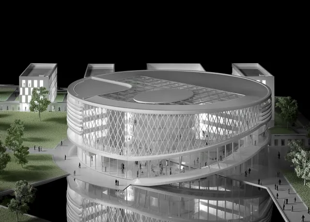 Model architektoniczny z zakrzywioną szklaną fasadą, demonstrujący potencjalny projekt wycinany laserowo przez wycinarkę laserową Trotec.