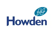 Logotipo de la empresa Howden con texto azul y símbolo inspirado en una turbina