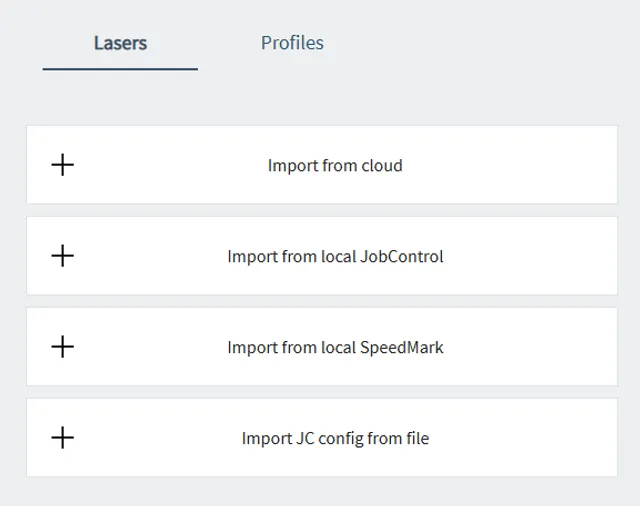 Trotec Ruby Software Laser-Importoptionen aus der Cloud, JobControl®, SpeedMark® und JC Config-Datei
