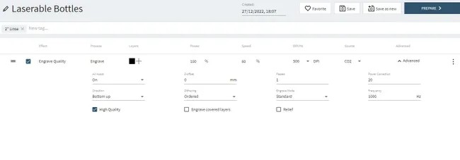 Trotec Ruby software engraving settings for CO₂ laser marking on laserable bottles