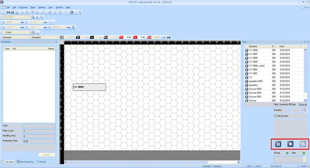 Die Schnittstelle der Trotec JobControl® Software zeigt die Einrichtung eines Laserauftrags zum Gravieren