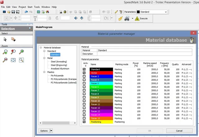 Le logiciel SpeedMark® de Trotec affiche le gestionnaire des paramètres des matériaux pour le marquage laser.