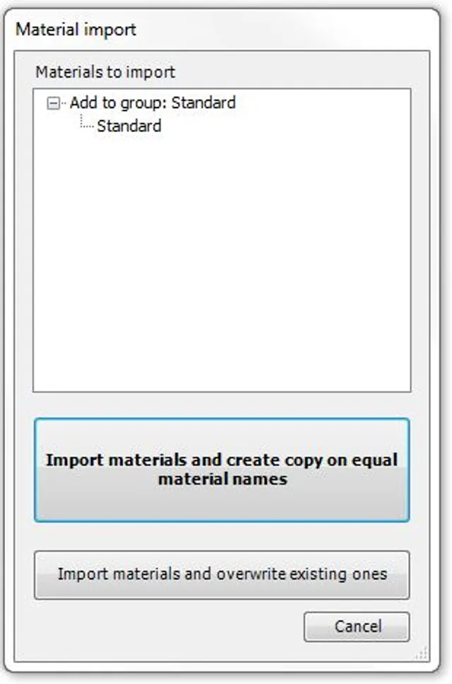 Trotec Ruby software materiaal import dialoogvenster met standaard materiaalgroep opties