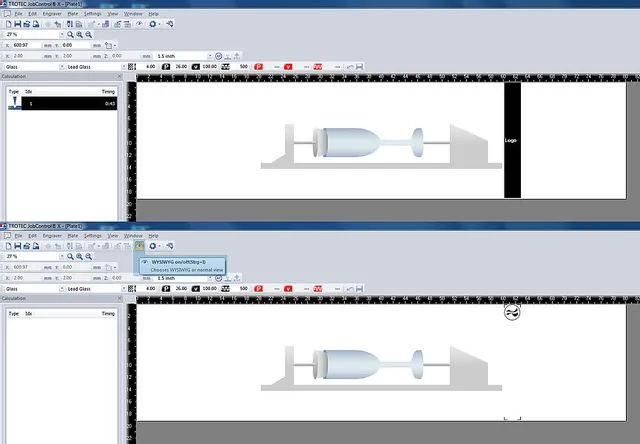 Interfejs oprogramowania Trotec JobControl® przygotowujący CO₂ do grawerowania laserowego na szkle