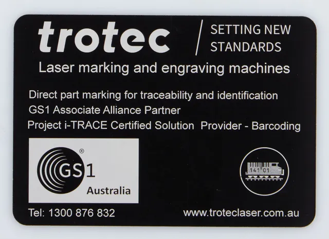 Trotec laser marking and engraving machine label showing GS1 Australia certification