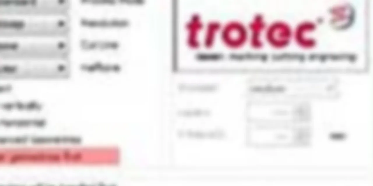 Trotec laserskärares fönster för utskriftsinställningar som visar graverings- och skärningsalternativ