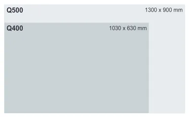 Comparación del tamaño de las áreas de trabajo de las cortadoras láser Trotec Q500 y Q400 en milímetros