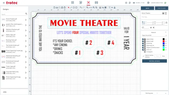 Trotec Ruby software interface showing movie theatre ticket design for laser cutting