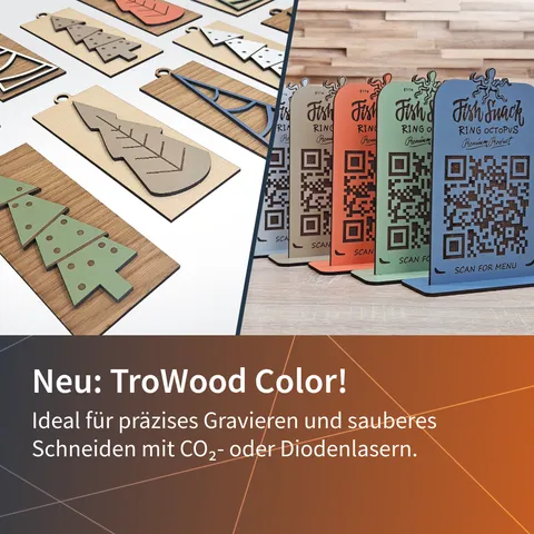 Farbenfrohe TroWood Color Holzschilder präzise geschnitten und graviert mit Trotec CO₂-Laser