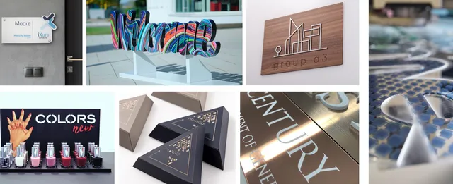 Trotec laser-cut and engraved signage, acrylic letters, packaging, and product displays