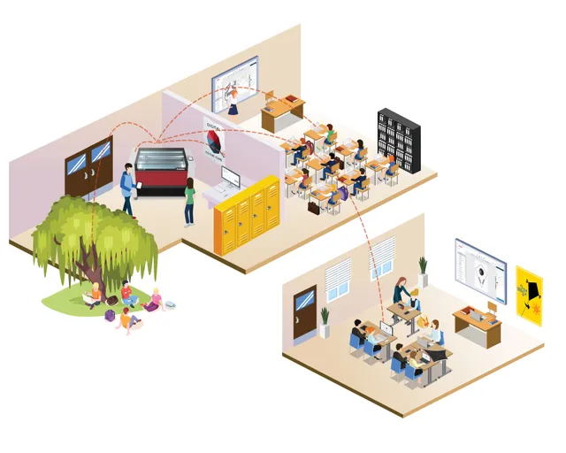 Gli studenti utilizzano la taglierina laser Trotec con l'integrazione del software Ruby in un ambiente educativo moderno.