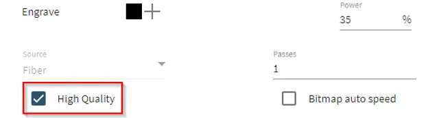 Trotec Ruby® software engraving settings with High Quality mode enabled for fiber laser