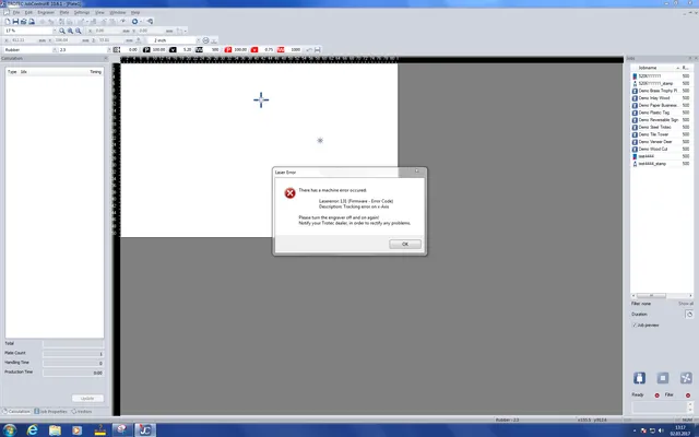 Oprogramowanie Trotec JobControl® wyświetla błąd lasera 131 z problemem śledzenia osi x.