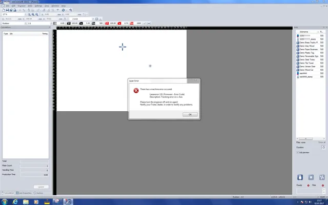 Trotec JobControl software displaying laser error 131 with x-axis tracking issue