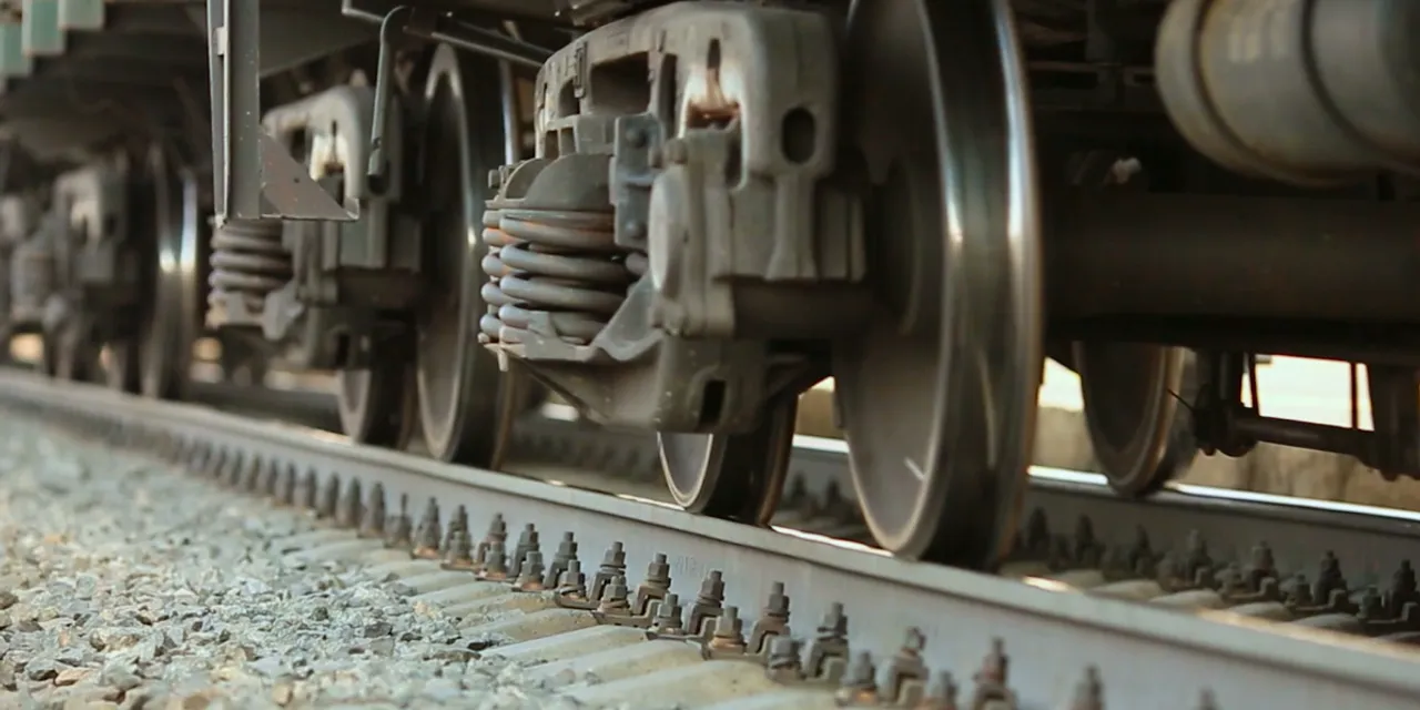 Close-up de rodas de trem de carga e sistema de suspensão em trilhos de aço