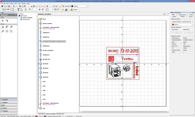 Interface du logiciel SpeedMark® de Trotec avec schéma de marquage laser pour plaque signalétique en aluminium anodisé