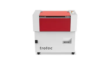 Trotec Speedy 100 CO₂ laser engraving machine with red and white design