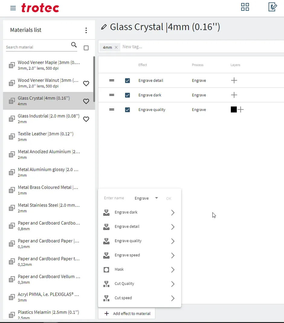 Trotec Ruby software material settings for laser gravure Glass Crystal with Speedy series (en anglais)