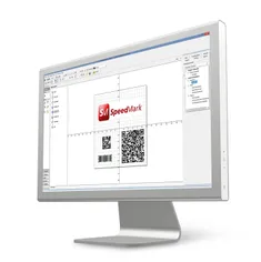 Interfaz del software Trotec SpeedMark en el monitor para el marcado láser con códigos de barras y códigos QR