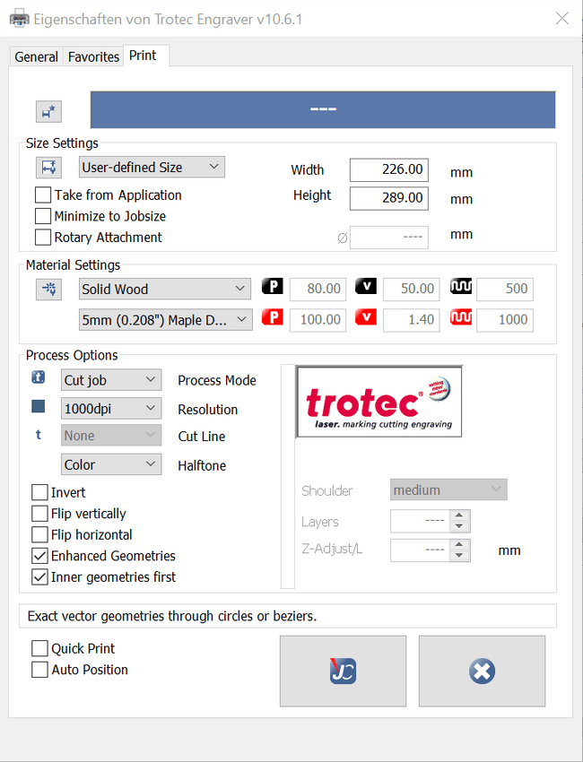 trotec laser print settings Solid Wood